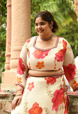 Plus Size White Floral Pure Chinon Lehenga Choli with Dupatta