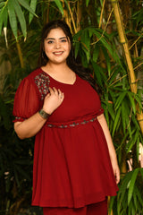 Plus Size Magical Maroon Embellished Co-ord Set with Designer Belt