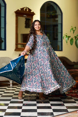 Plus Size Midnight Teal Floral Anarkali with Designer Dupatta