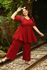 Plus Size Magical Maroon Embellished Co-ord Set with Designer Belt