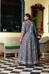 Plus Size Midnight Teal Floral Anarkali with Designer Dupatta