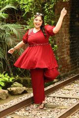 Plus Size Magical Maroon Embellished Co-ord Set with Designer Belt