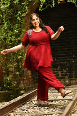 Plus Size Magical Maroon Embellished Co-ord Set with Designer Belt