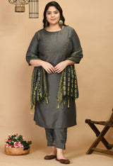 Plus Size Shimmering Grey Swarovski Kurta Pant Set with Dupatta