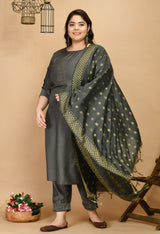 Plus Size Shimmering Grey Swarovski Kurta Pant Set with Dupatta