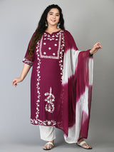 Plus Size Poetic Dark Purple Embroidered Kurta Pant Set with Dupatta