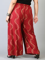 Plus Size Red Floral Gold Printed Palazzos