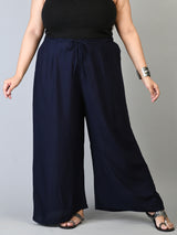 Plus Size Navy Blue & Off White Plain Palazzos