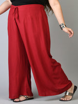 Plus Size Maroon & Mustard Plain Palazzos