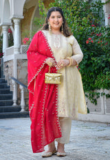 Inayat Ivory Silk Blend Embroidered 3-Piece Kurta Set with Rani Pink Dupatta