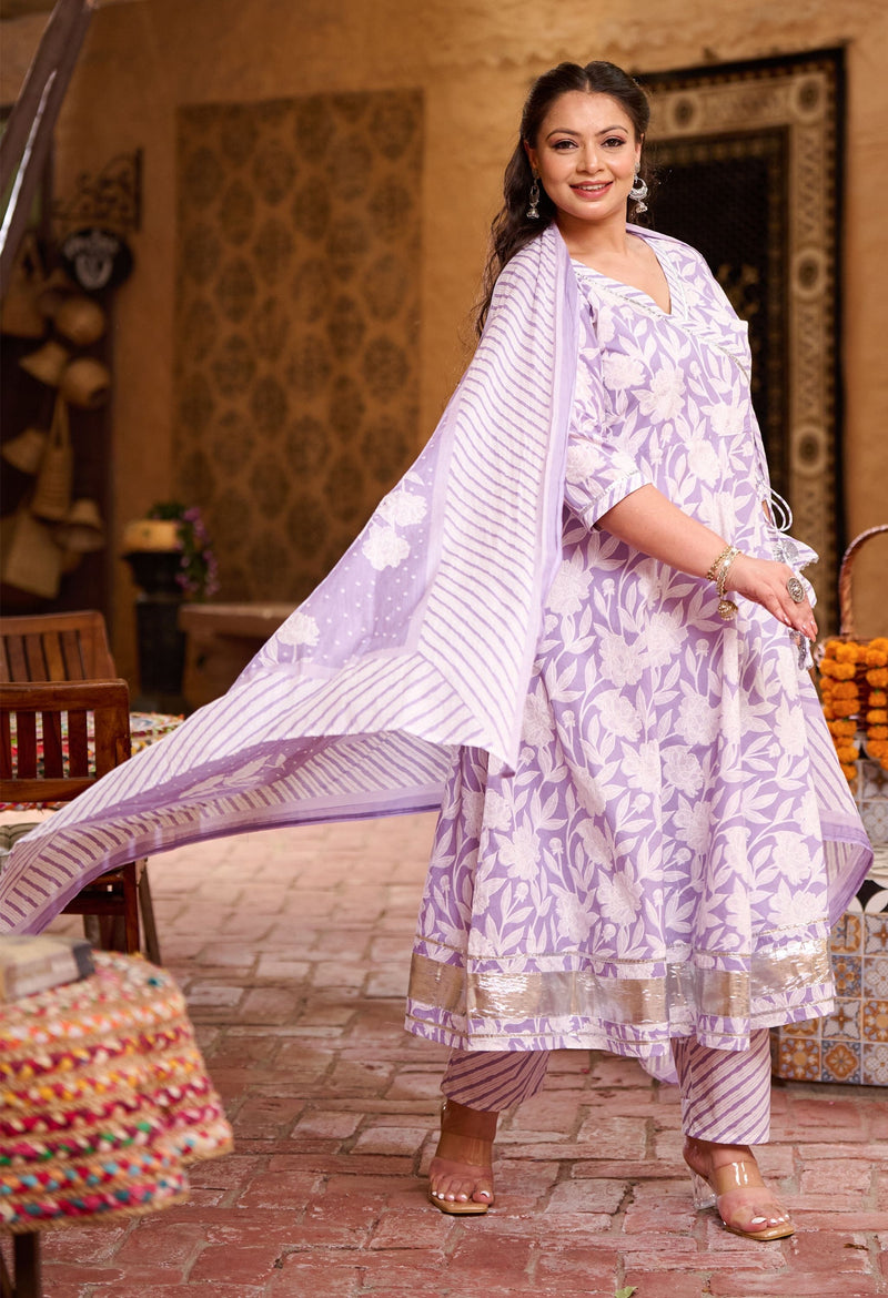 Plus Size Light Lavender Jaipuri Anarkali Kurta Pant Set with Dupatta