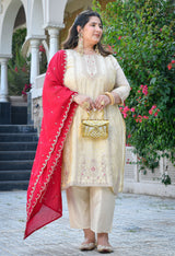 Inayat Ivory Silk Blend Embroidered 3-Piece Kurta Set with Rani Pink Dupatta