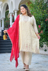 Inayat Ivory Silk Blend Embroidered 3-Piece Kurta Set with Rani Pink Dupatta