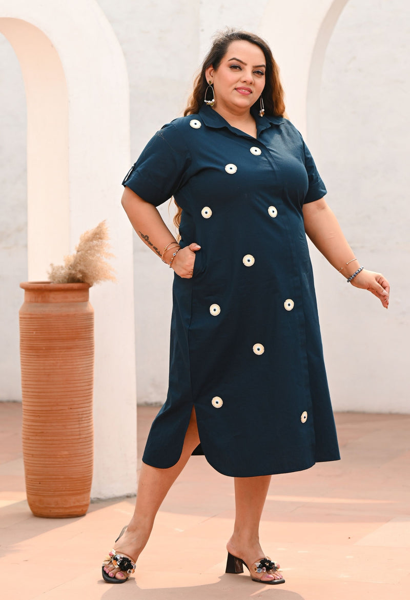 Plus Size Teal Blue Appliqué Evil Eye Shirt Dress