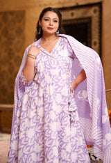 Plus Size Light Lavender Jaipuri Anarkali Kurta Pant Set with Dupatta