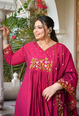 Gulnaaz Rani Pink Silk Blend Floral Embroidered Anarkali Kurta Set with Dupatta