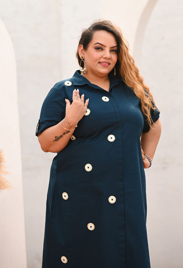 Plus Size Teal Blue Appliqué Evil Eye Shirt Dress