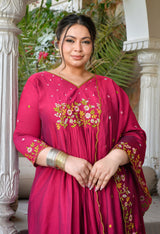 Gulnaaz Rani Pink Silk Blend Floral Embroidered Anarkali Kurta Set with Dupatta