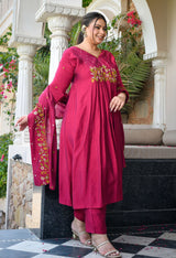 Gulnaaz Rani Pink Silk Blend Floral Embroidered Anarkali Kurta Set with Dupatta
