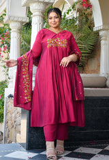 Gulnaaz Rani Pink Silk Blend Floral Embroidered Anarkali Kurta Set with Dupatta