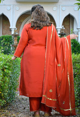 Zariya Rust Mul Chanderi Embroidered 3-Piece Kurta Set with Dupatta