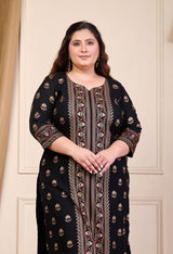 Plus Size Gold Printed Shervani Black Kurta Palazzo Set