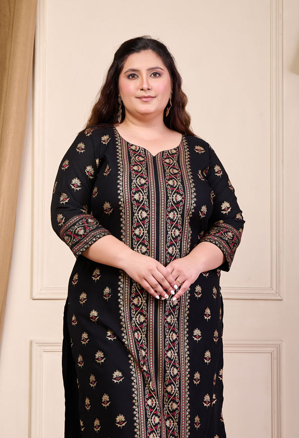 Plus Size Gold Printed Shervani Black Kurta Palazzo Set