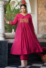 Gulnaaz Rani Pink Silk Blend Floral Embroidered Anarkali Kurta Set with Dupatta