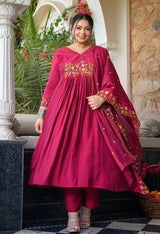 Gulnaaz Rani Pink Silk Blend Floral Embroidered Anarkali Kurta Set with Dupatta