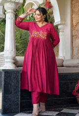 Gulnaaz Rani Pink Silk Blend Floral Embroidered Anarkali Kurta Set with Dupatta