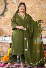 Aafreen Mehendi Mul Chanderi Mirror Embroidered Kurta Set with Dupatta