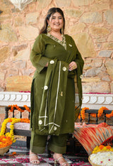 Aafreen Mehendi Mul Chanderi Mirror Embroidered Kurta Set with Dupatta