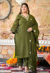 Aafreen Mehendi Mul Chanderi Mirror Embroidered Kurta Set with Dupatta