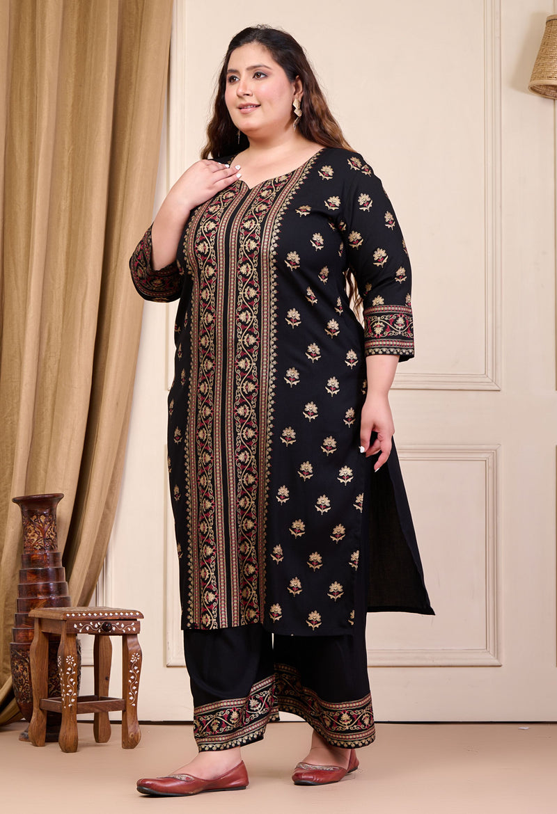 Plus Size Gold Printed Shervani Black Kurta Palazzo Set