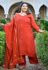 Zariya Rust Mul Chanderi Embroidered 3-Piece Kurta Set with Dupatta