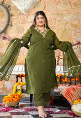 Aafreen Mehendi Mul Chanderi Mirror Embroidered Kurta Set with Dupatta