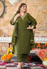 Aafreen Mehendi Mul Chanderi Mirror Embroidered Kurta Set with Dupatta