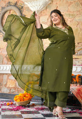 Aafreen Mehendi Mul Chanderi Mirror Embroidered Kurta Set with Dupatta