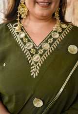 Aafreen Mehendi Mul Chanderi Mirror Embroidered Kurta Set with Dupatta