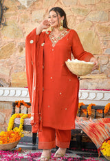 Aafreen Rust Mul Chanderi Mirror Embroidered Kurta Set with Dupatta