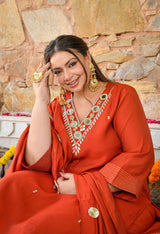 Aafreen Rust Mul Chanderi Mirror Embroidered Kurta Set with Dupatta