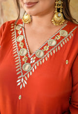 Aafreen Rust Mul Chanderi Mirror Embroidered Kurta Set with Dupatta