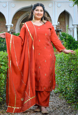Zariya Rust Mul Chanderi Embroidered 3-Piece Kurta Set with Dupatta