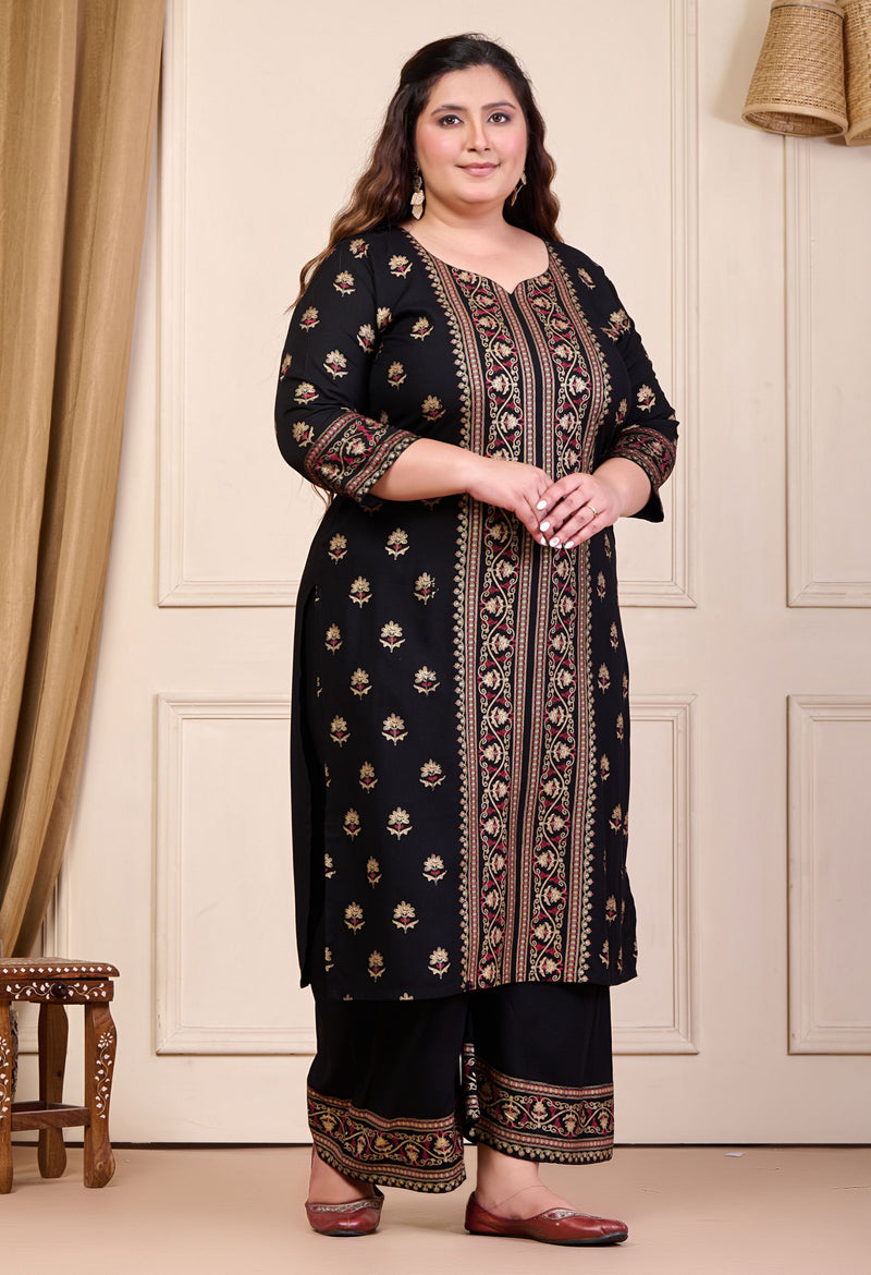 Plus Size Gold Printed Shervani Black Kurta Palazzo Set