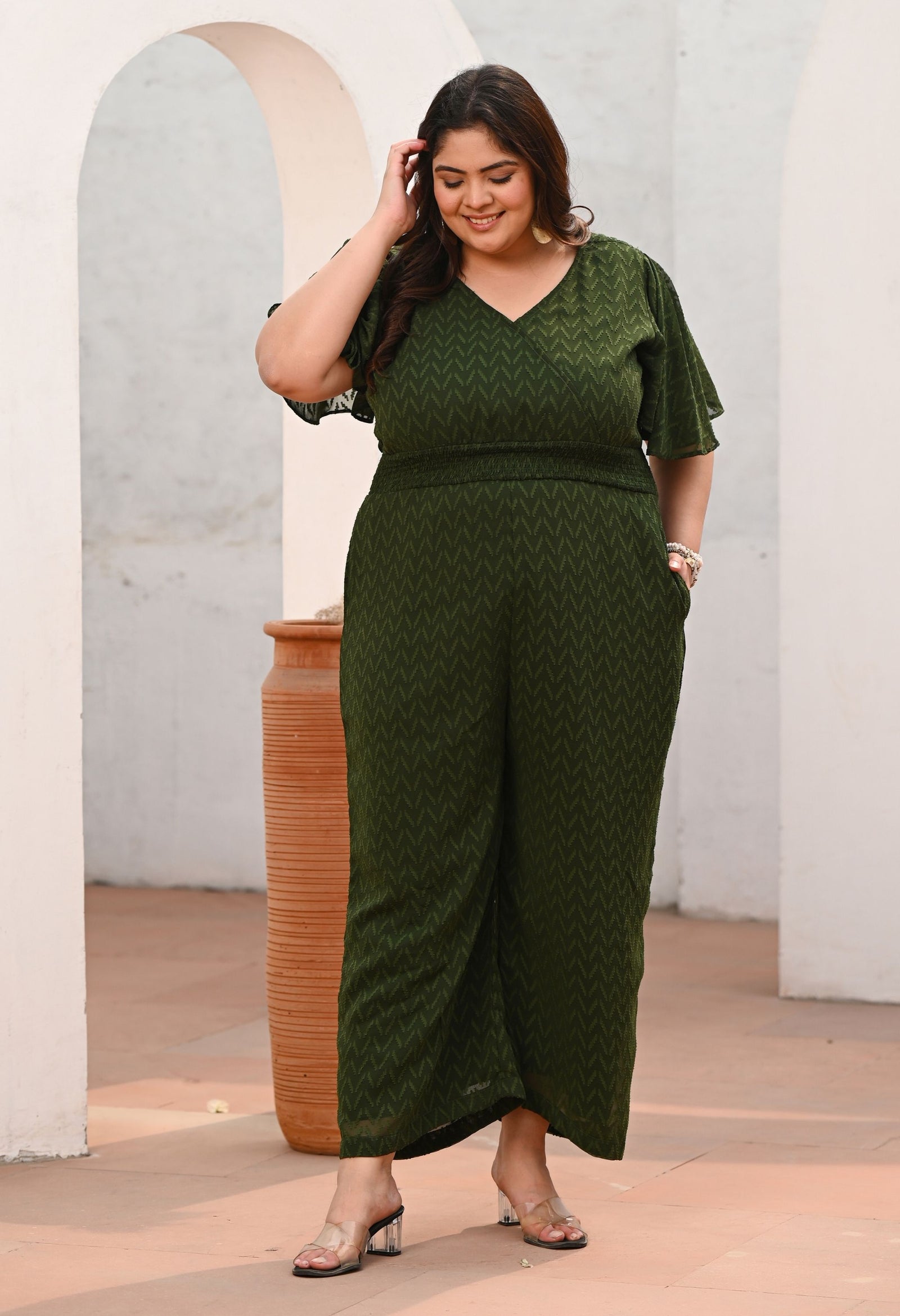 Plus Size Green Georgette Self Jumpsuit