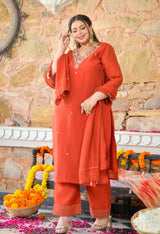 Aafreen Rust Mul Chanderi Mirror Embroidered Kurta Set with Dupatta
