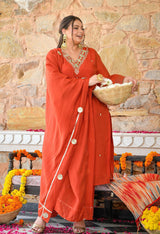 Aafreen Rust Mul Chanderi Mirror Embroidered Kurta Set with Dupatta