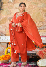 Aafreen Rust Mul Chanderi Mirror Embroidered Kurta Set with Dupatta