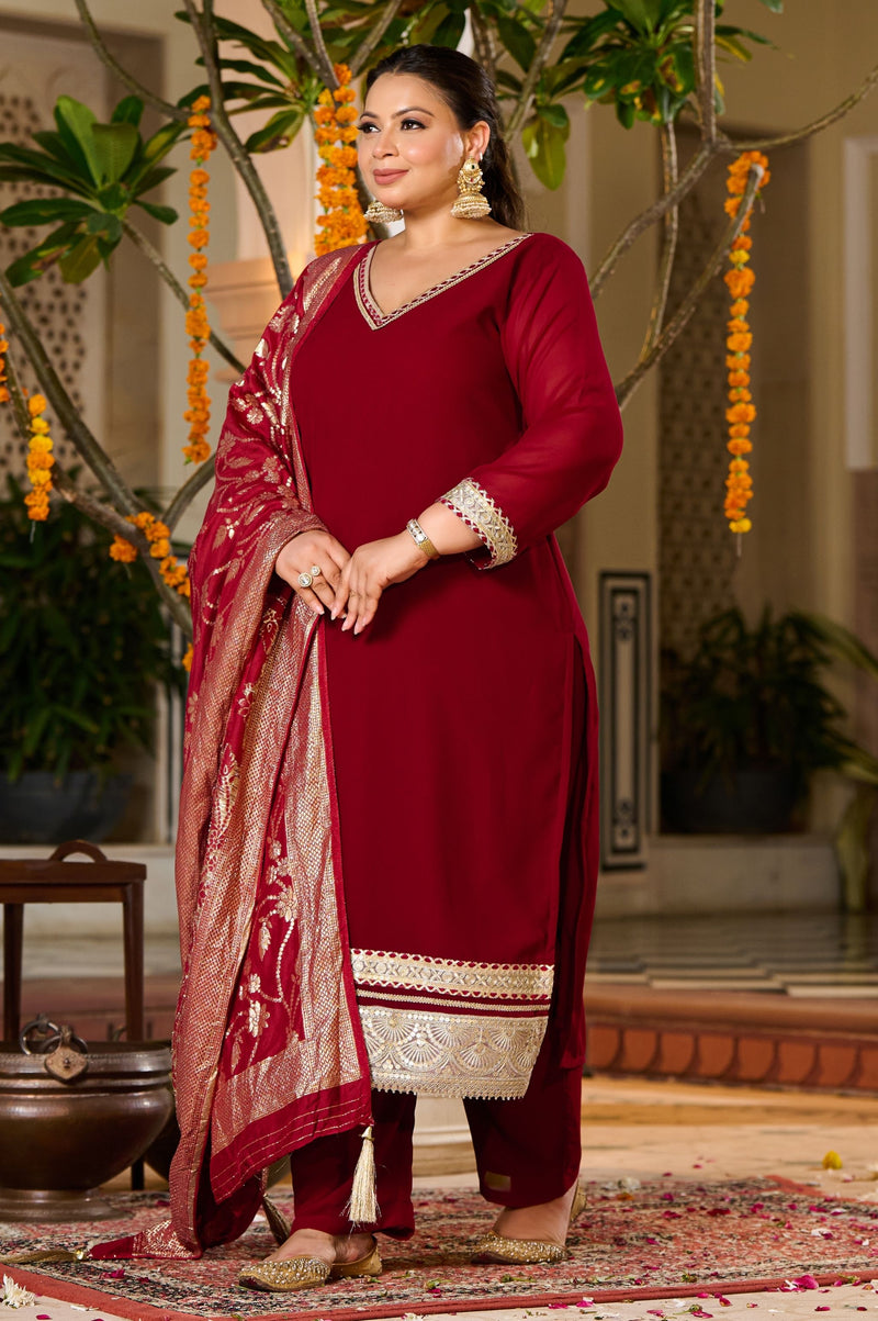 Plus Size Crimson Charm Festive Suit with Golden Accents
