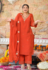 Aafreen Rust Mul Chanderi Mirror Embroidered Kurta Set with Dupatta
